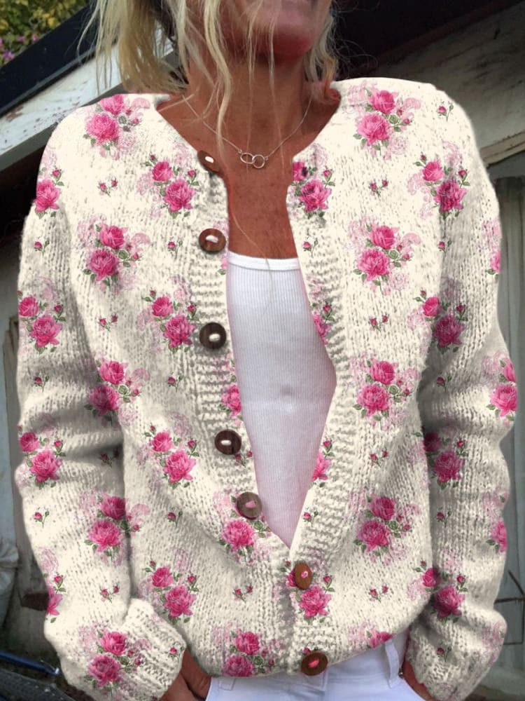 Sweater Cardigan with Repeating French Rose Pattern in Watercolor