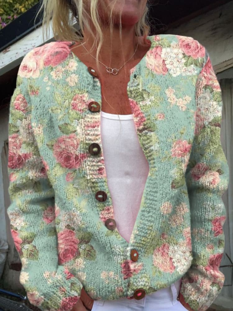 Sweater Cardigan with Retro Style Floral Pattern