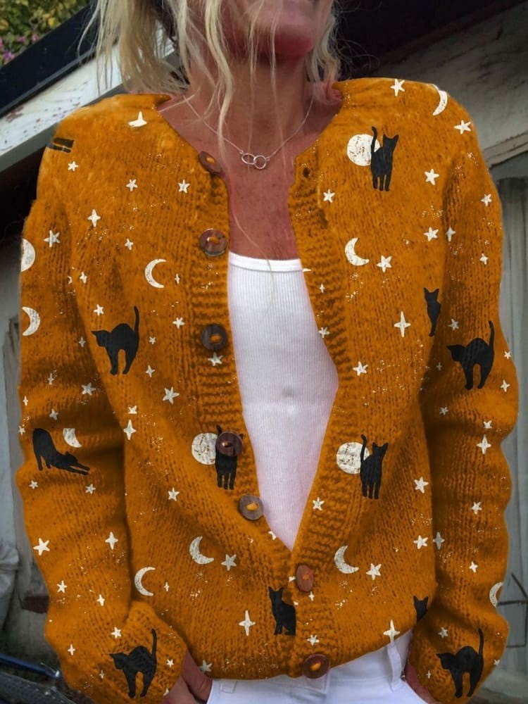 Cardigan Sweater with Buttons Featuring a Black Cat Motif for Halloween