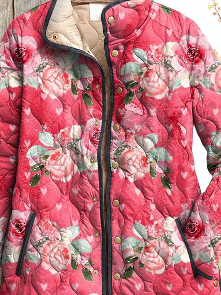 Women's Charming Pink Floral Art Printed Casual Quilted Jacket
