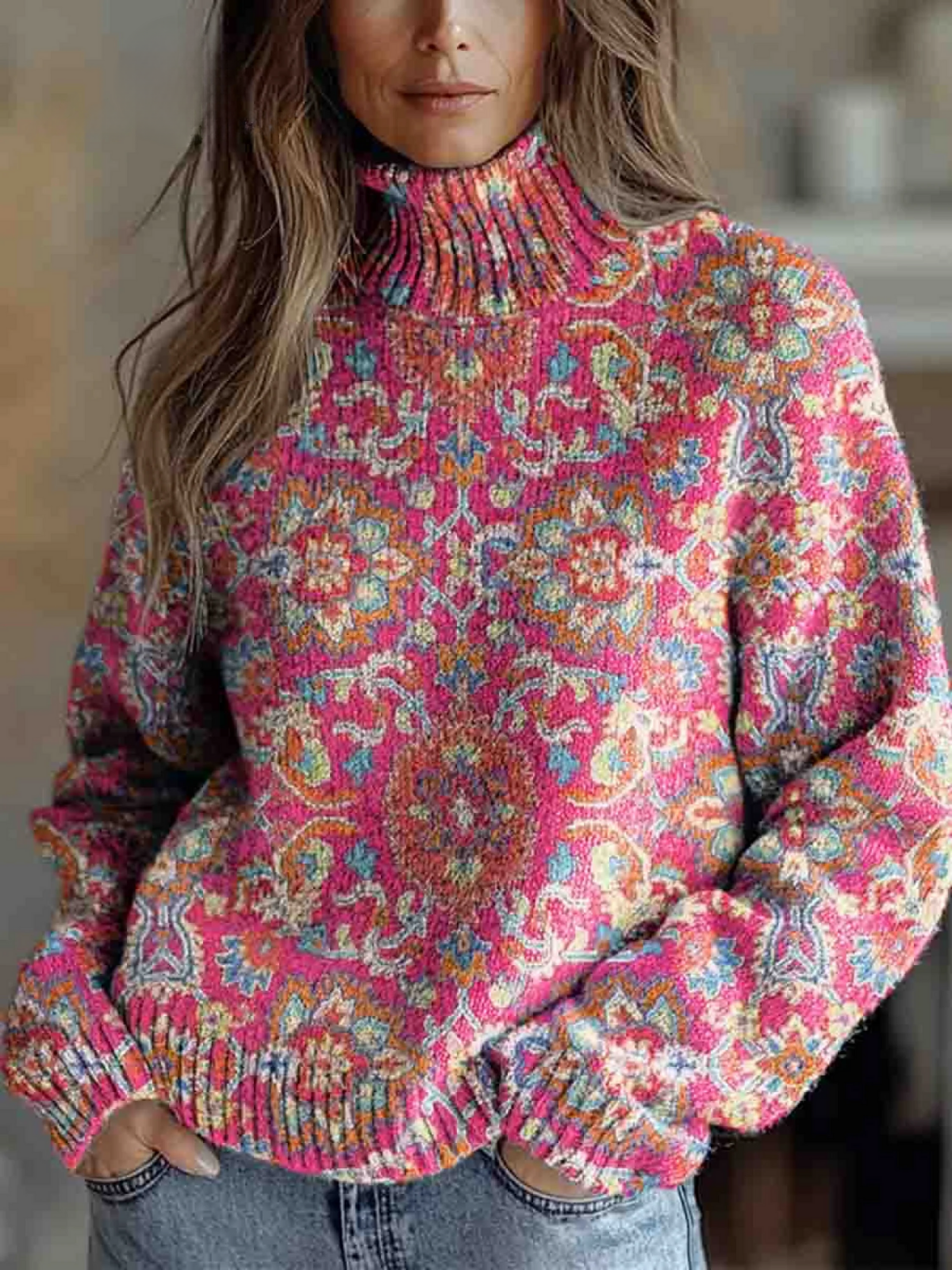 Women's sweaters in retro style with ethnic floral pattern 