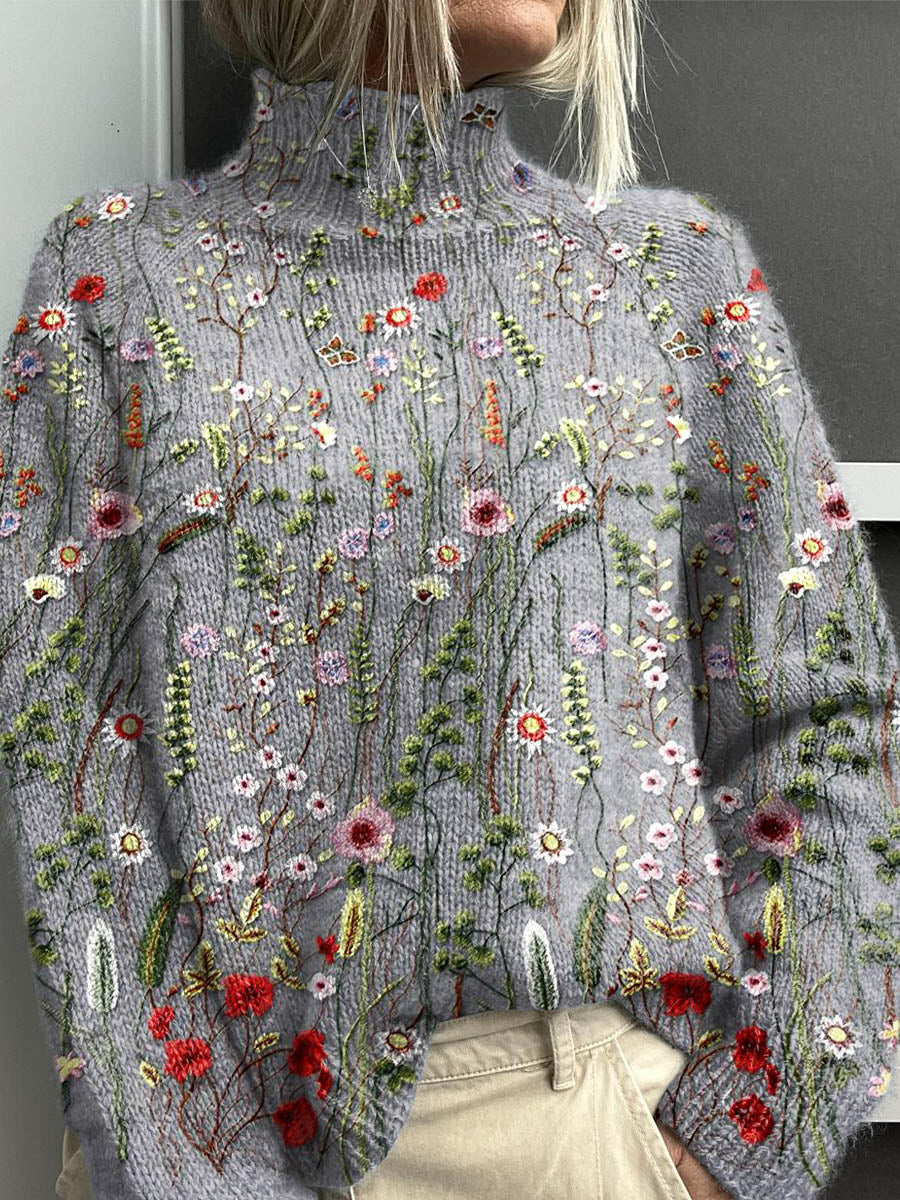 Vintage Woman Cute Floral Art Print Turtleneck Sweater
