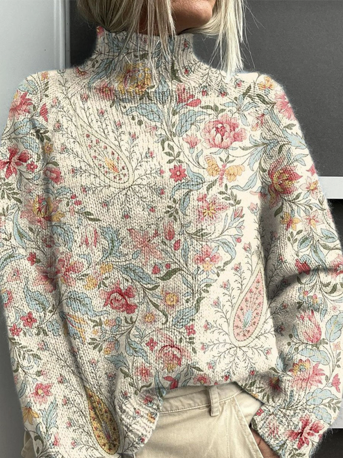 Vintage Paisley Floral Print Knit Turtleneck Pullover Sweater 