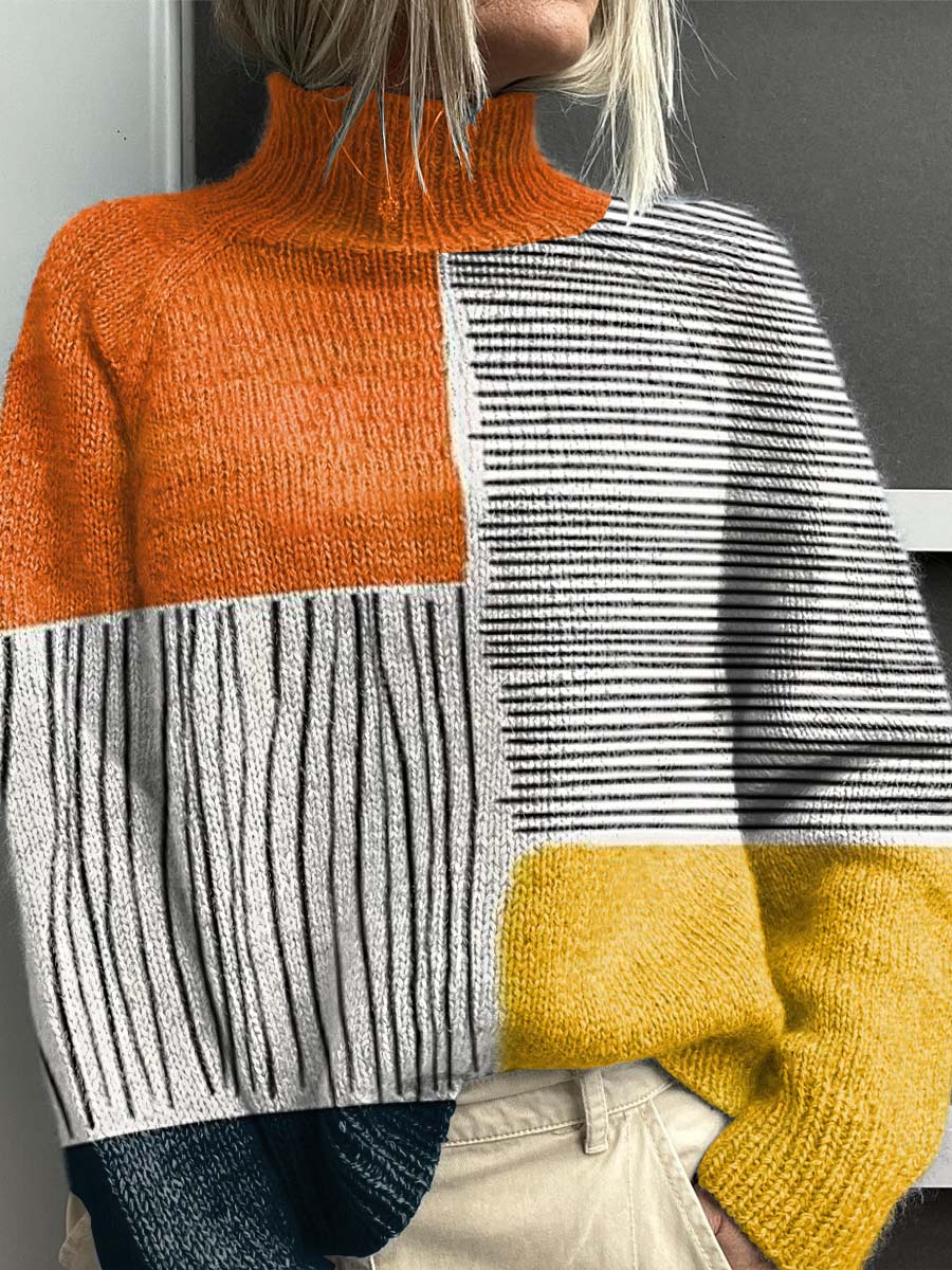 Turtleneck sweater with colorful blocks and decorative pattern
