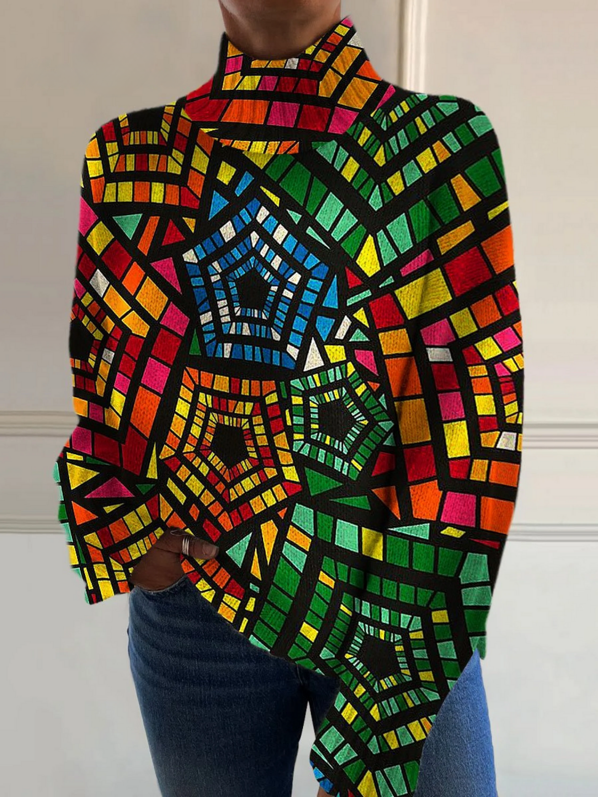 Retro Abstract Colorful Pentagonal Geometric Artistic Print Turtleneck Sweater 