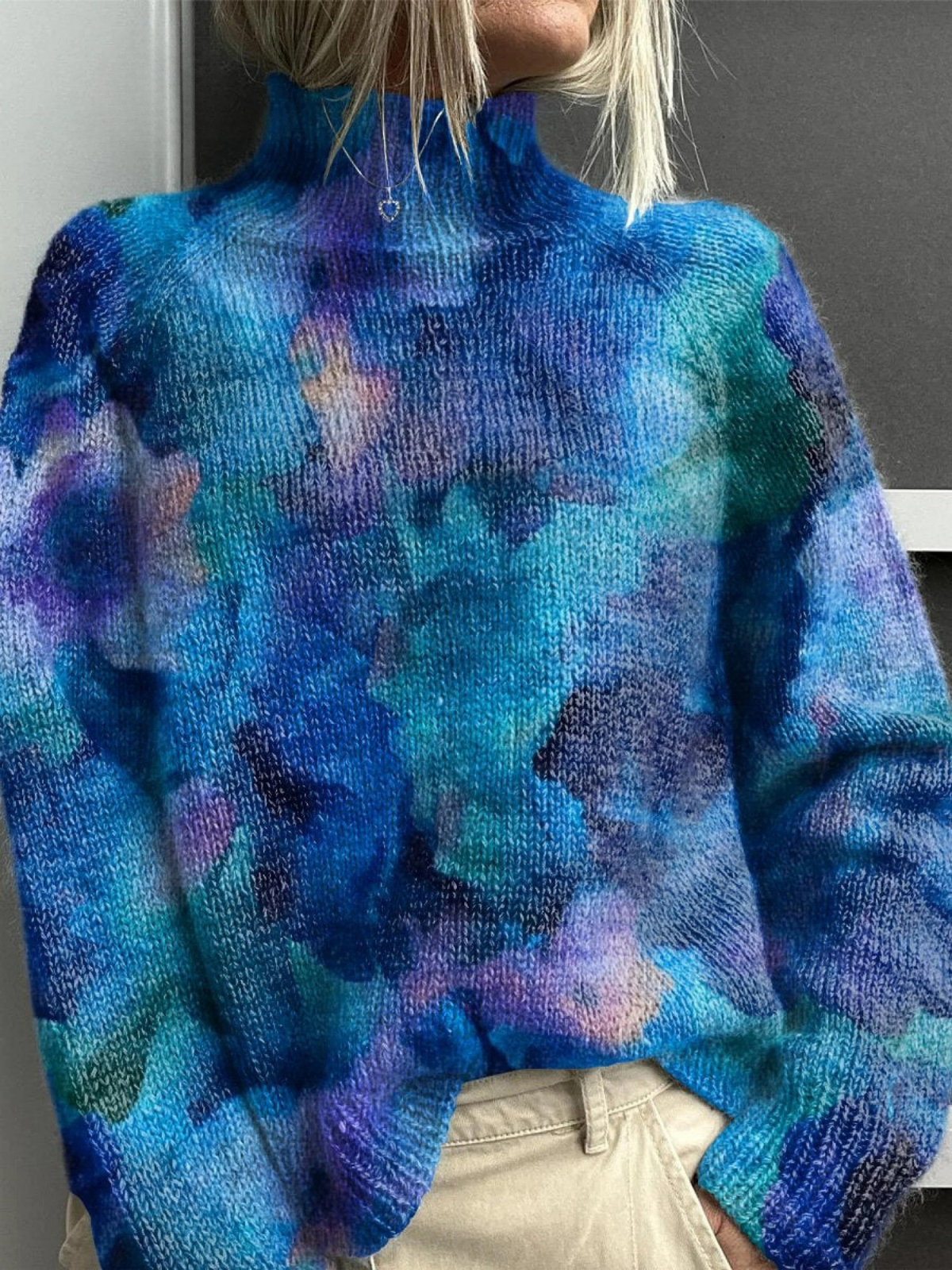 Abstract Floral Pattern on Water, Printed Turtleneck Sweater 