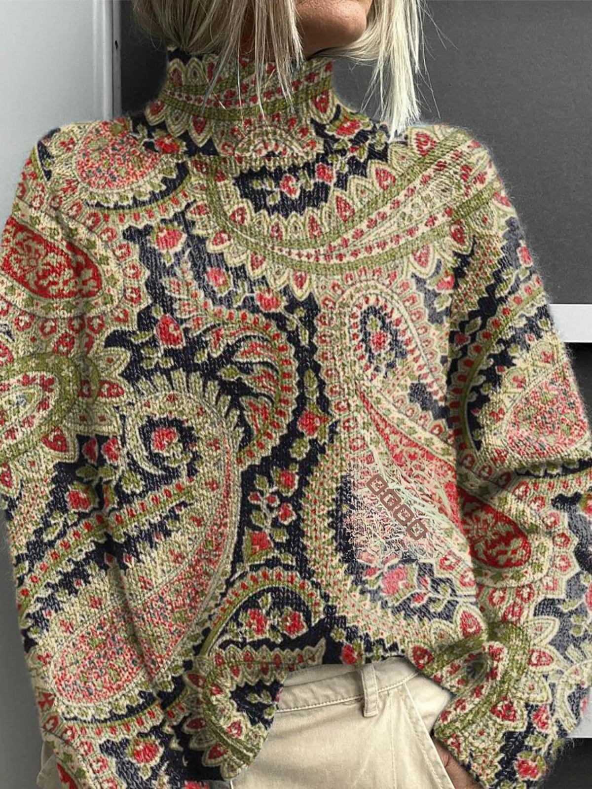 Vintage Woman Cute Floral Pattern Knit Turtleneck Sweater 