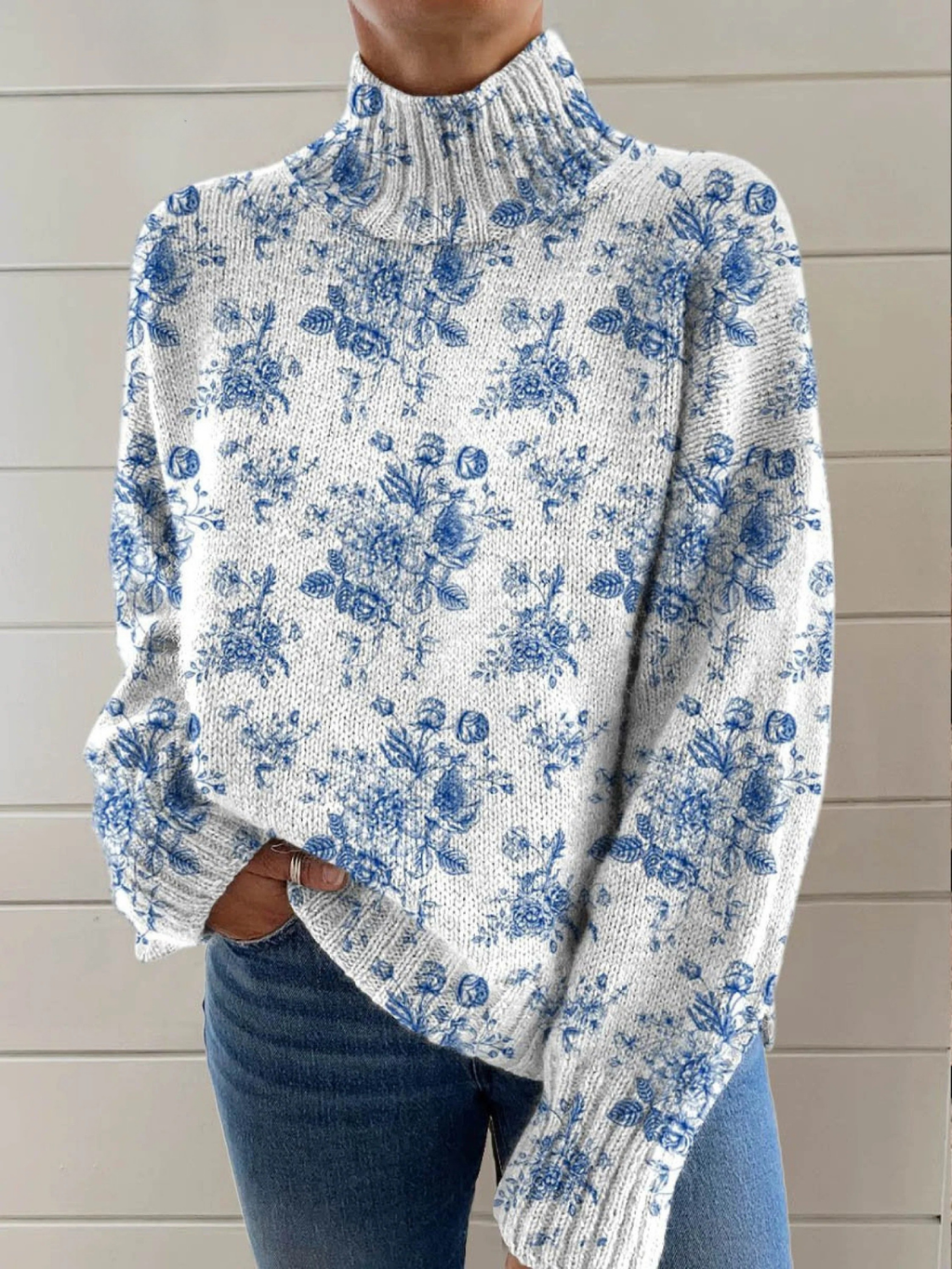 Charming floral pattern - artistic print on a turtleneck sweater 