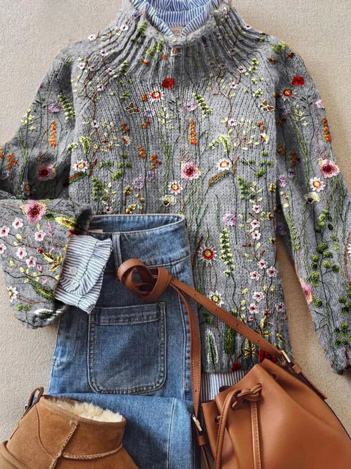 Women's vintage sweater with a beautiful floral print and turtleneck 