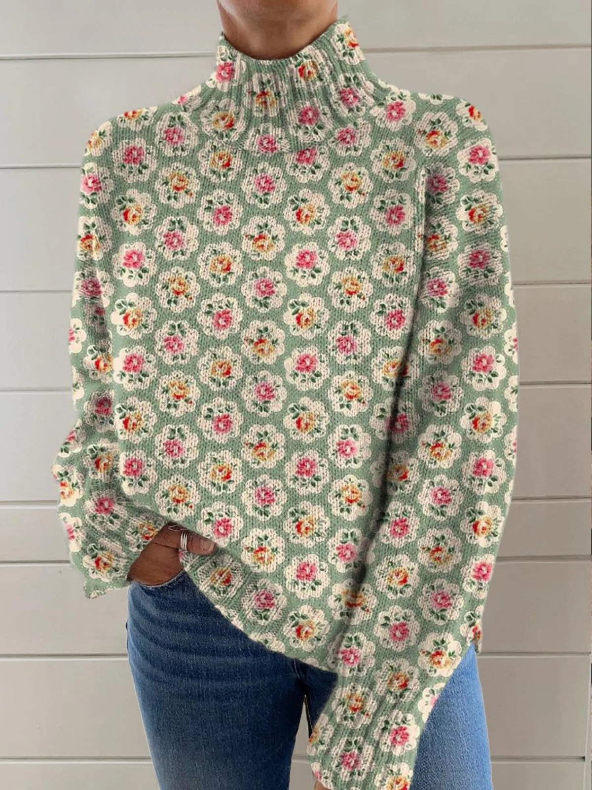 Women's sweater with a beautiful floral print and turtleneck 