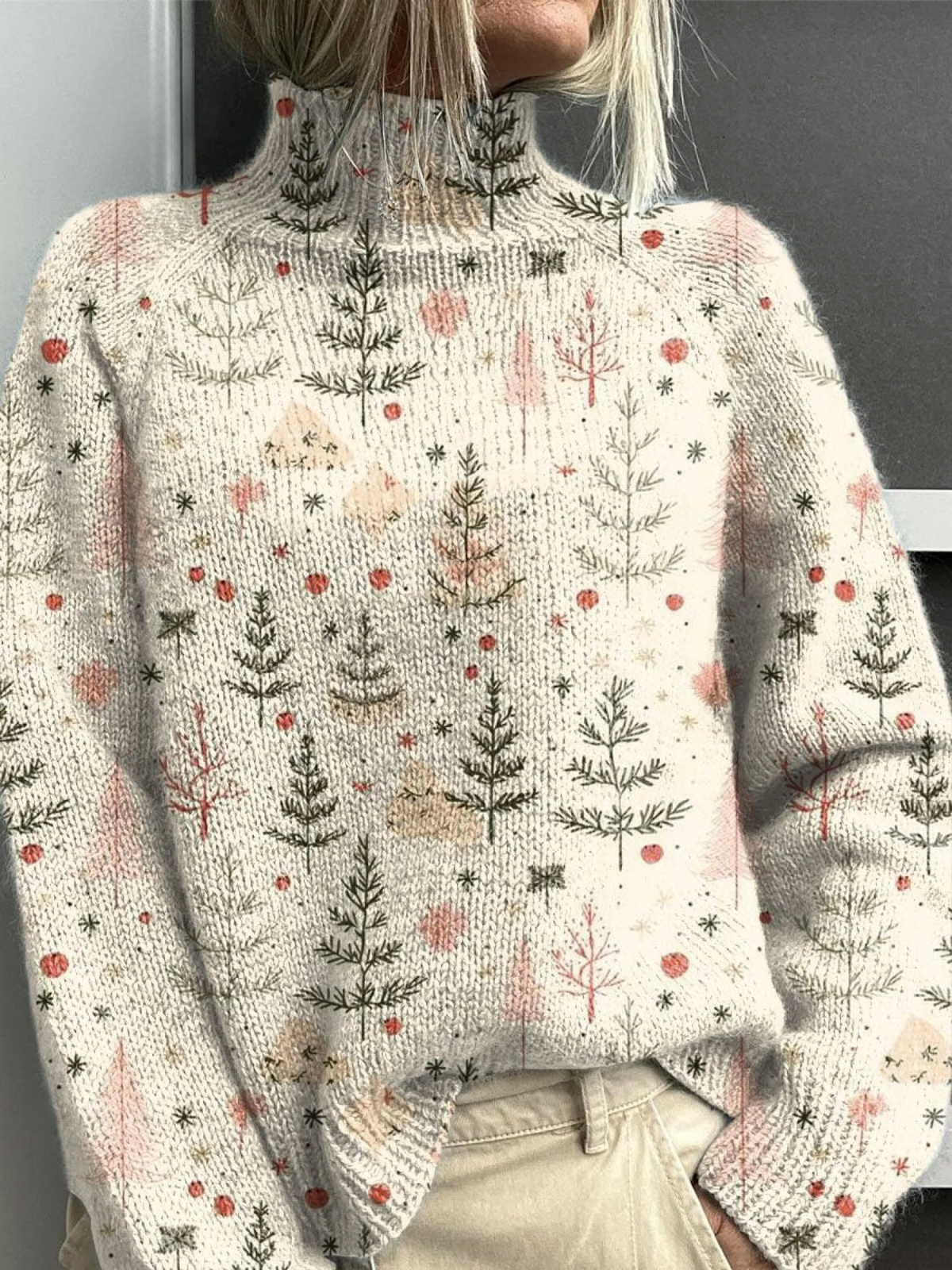 Women's Cute Christmas Tree Art Print Turtleneck Sweater 
