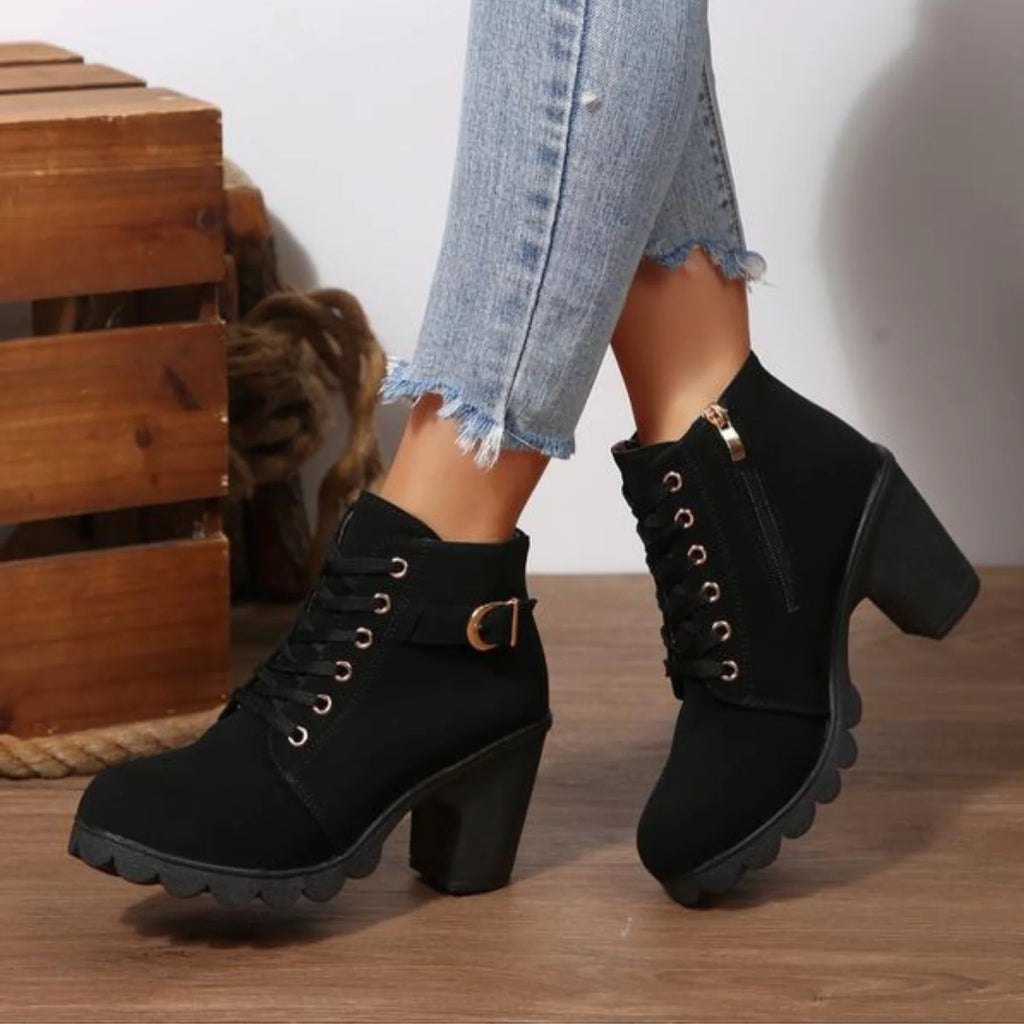 KAITLYN- Chic Lace-Up Metal Buckle Chunky Ankle Boots