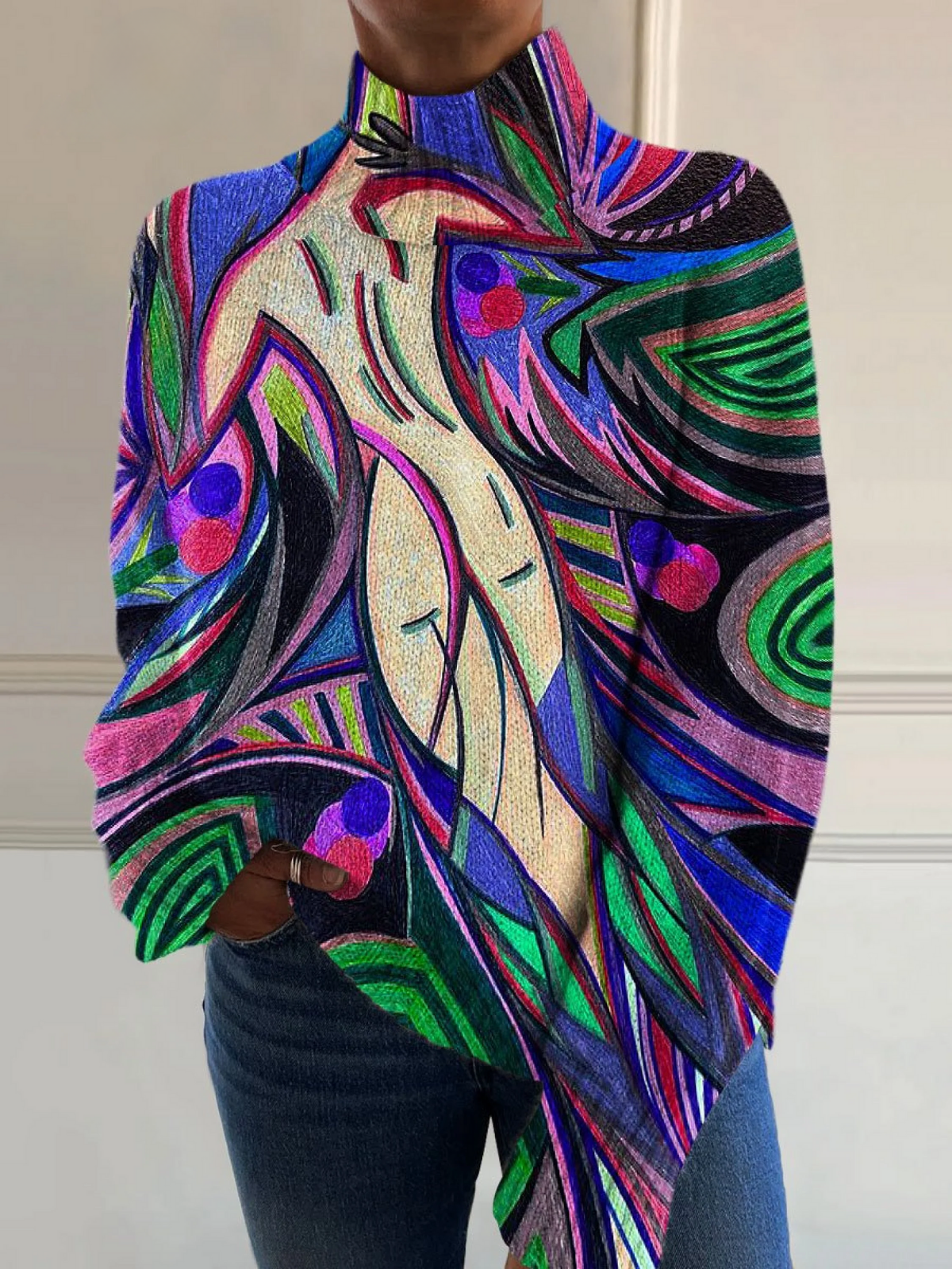 Retro Abstract White Nude Printed Turtleneck Sweater 