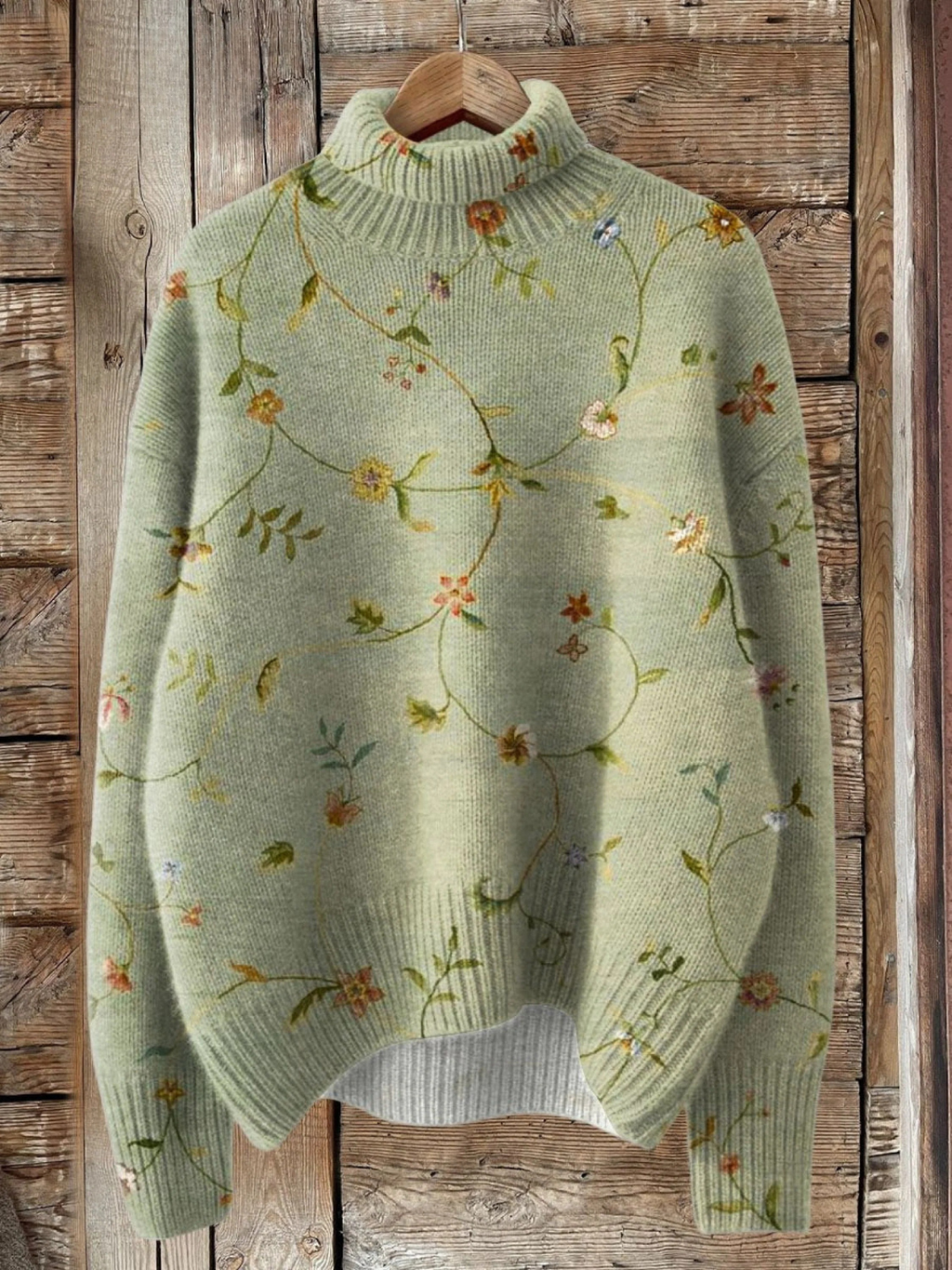 Vintage Cute Floral Print Crochet Turtleneck Sweater 