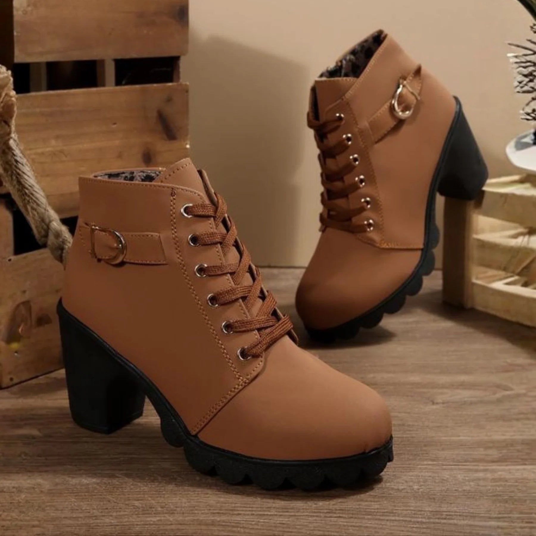 KAITLYN- Chic Lace-Up Metal Buckle Chunky Ankle Boots