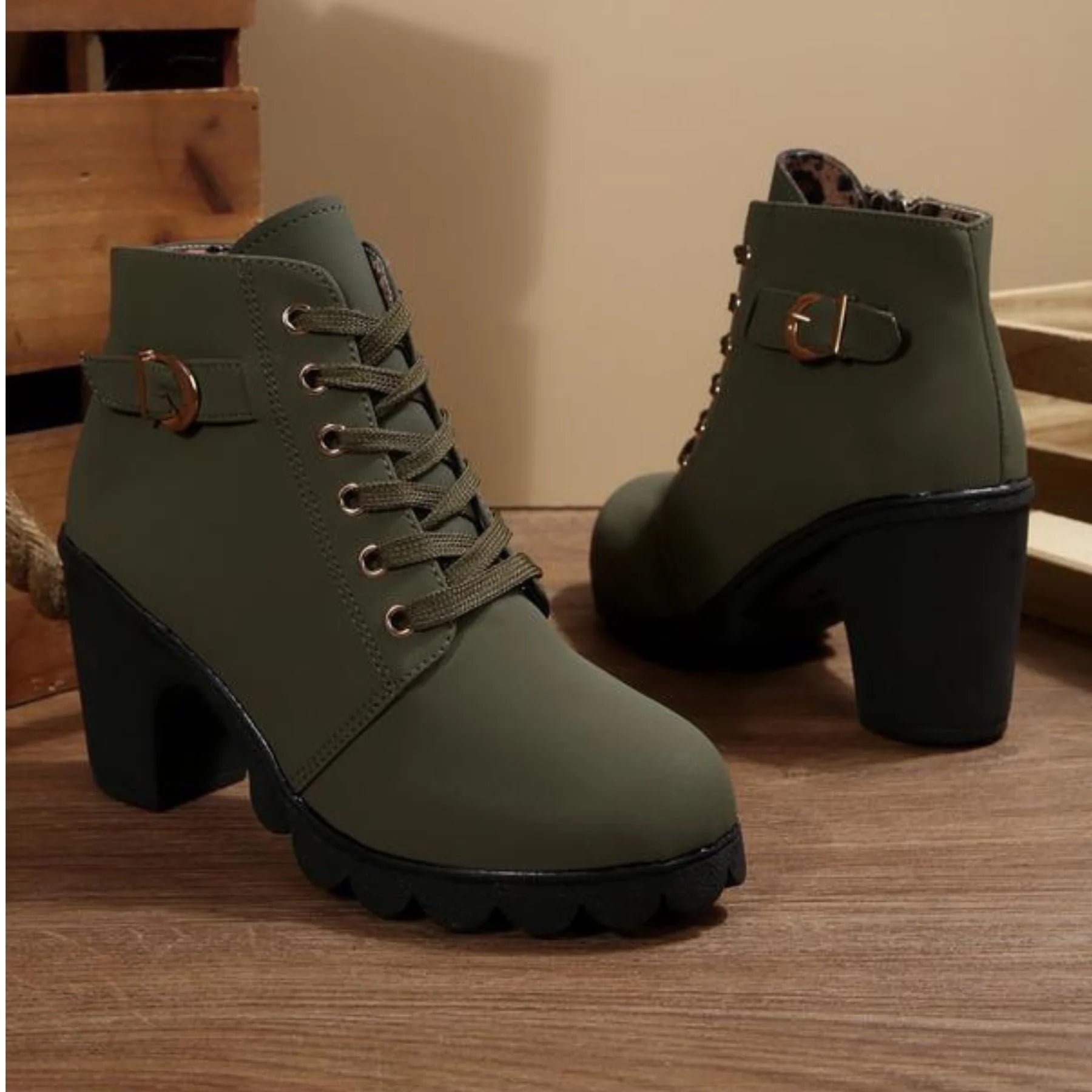 KAITLYN- Chic Lace-Up Metal Buckle Chunky Ankle Boots