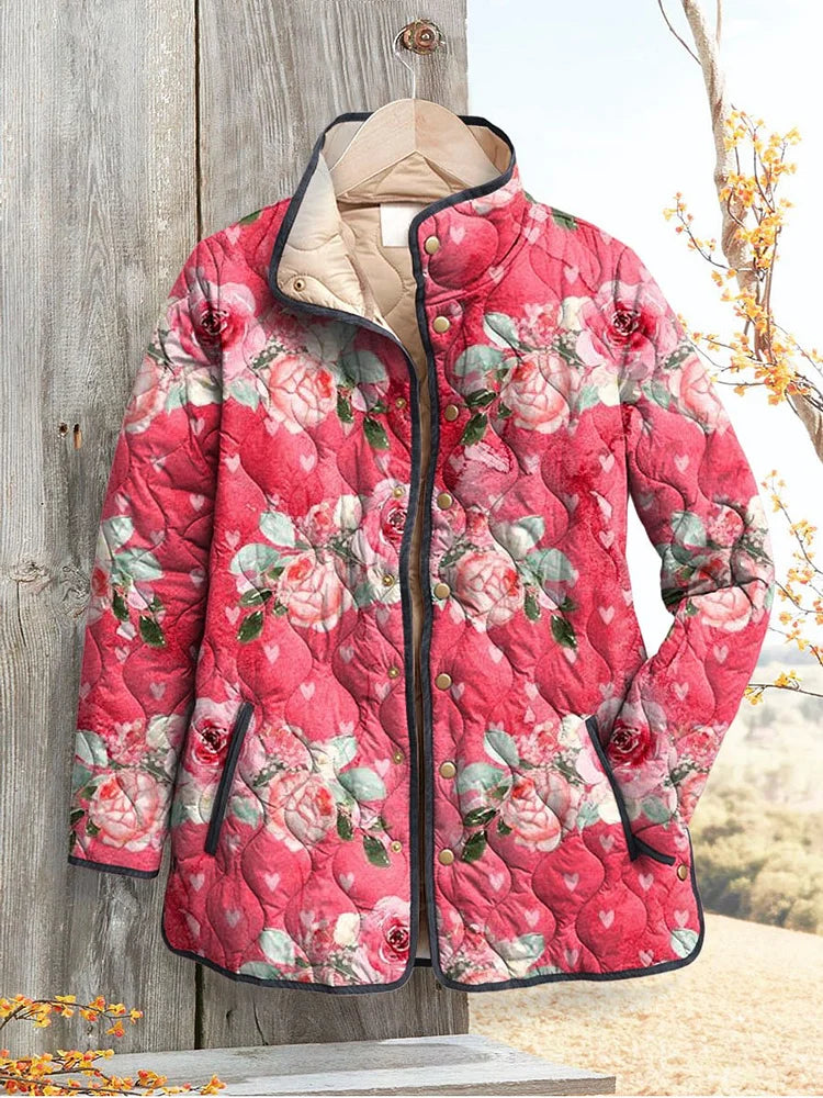 Women's Charming Pink Floral Art Printed Casual Quilted Jacket