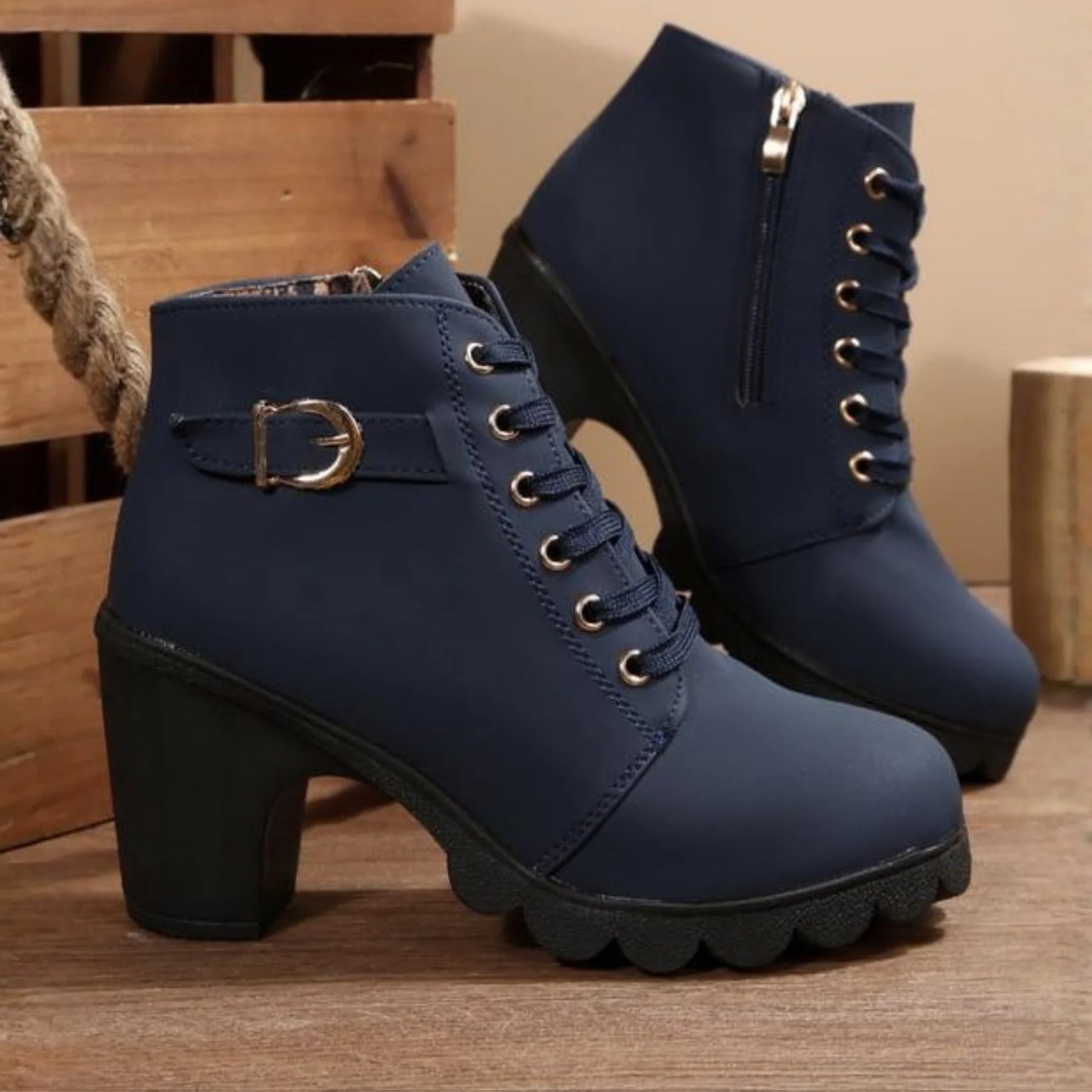 KAITLYN- Chic Lace-Up Metal Buckle Chunky Ankle Boots