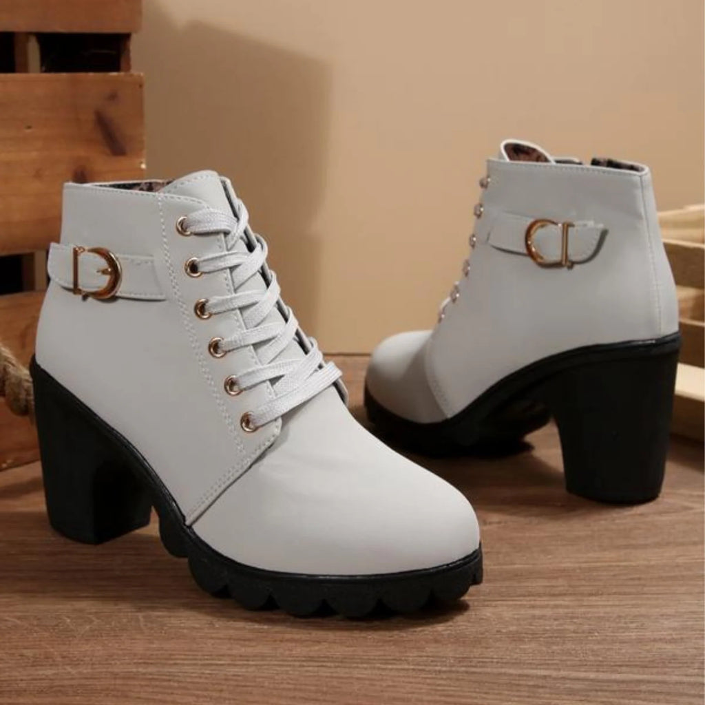 KAITLYN- Chic Lace-Up Metal Buckle Chunky Ankle Boots