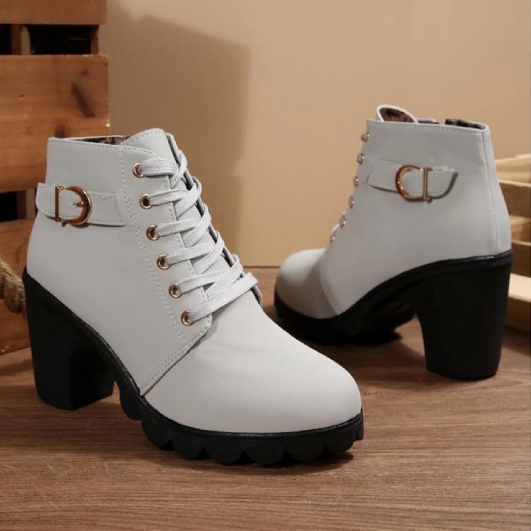 KAITLYN- Chic Lace-Up Metal Buckle Chunky Ankle Boots