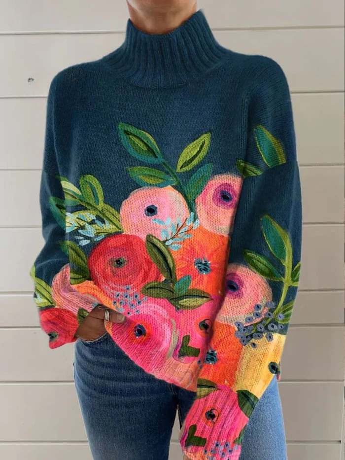 Turtleneck sweater with a retro floral pattern
