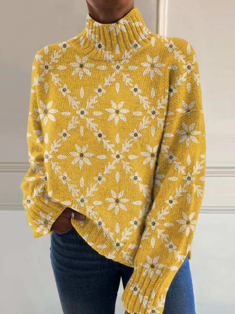 Vintage Colorful Floral Block Art Print Turtleneck Sweater 