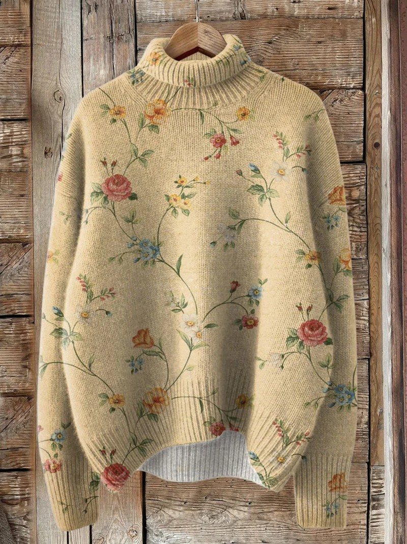 Vintage Cute Floral Pattern Turtleneck Sweater 